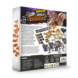 Board game packaging for 'Borderlands Arena of Badassery' with character illustration on a white background