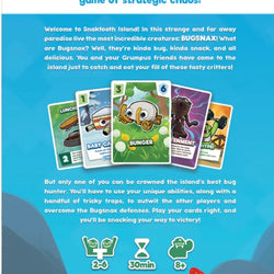 Back cover of 'Bugsnax: The Card Game' with game description and branding.