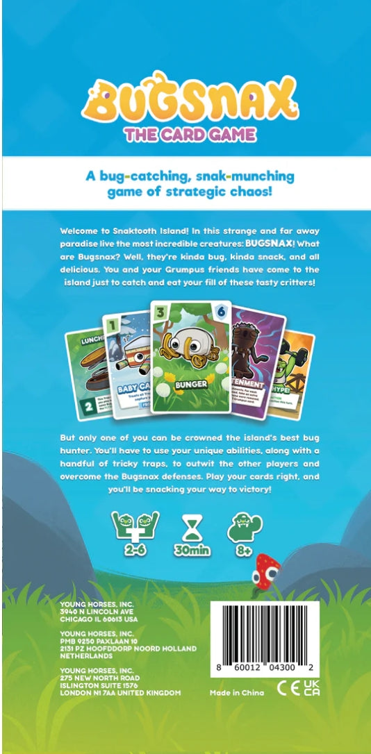 Back cover of 'Bugsnax: The Card Game' with game description and branding.