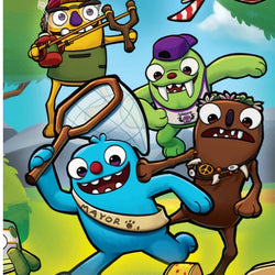 Promotional poster for 'Bugs'n'ax The Card Game' featuring cartoon characters against a colorful background.