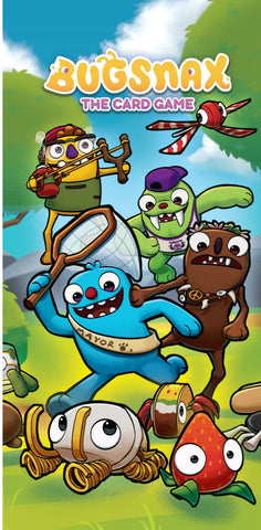 Promotional poster for 'Bugs'n'ax The Card Game' featuring cartoon characters against a colorful background.