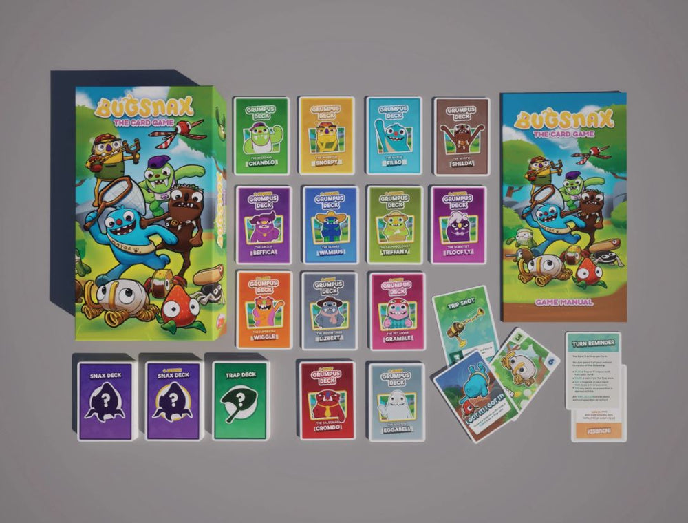 Collection of 'Bugsnax' trading cards on a gray background