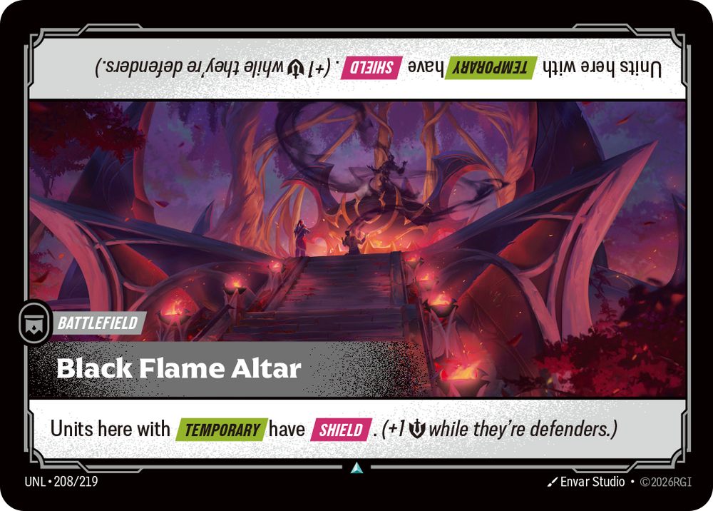 Riftbound Battlefield: Black Flame Altar. Units here with [Temporary] have [Shield]. (+1 [S] while they're defenders.)
