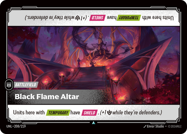 Riftbound Battlefield: Black Flame Altar. Units here with [Temporary] have [Shield]. (+1 [S] while they're defenders.)