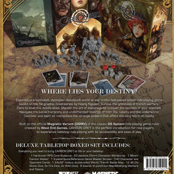 Back view of a tabletop game box with character figures and game components on a map background
