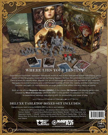 Back view of a tabletop game box with character figures and game components on a map background