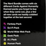 Text description of a 'Nerd Bundle' with themed packs for Cards Against Humanity on a black background.