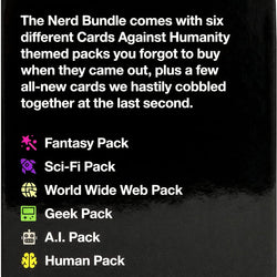 Text description of a 'Nerd Bundle' with themed packs for Cards Against Humanity on a black background.