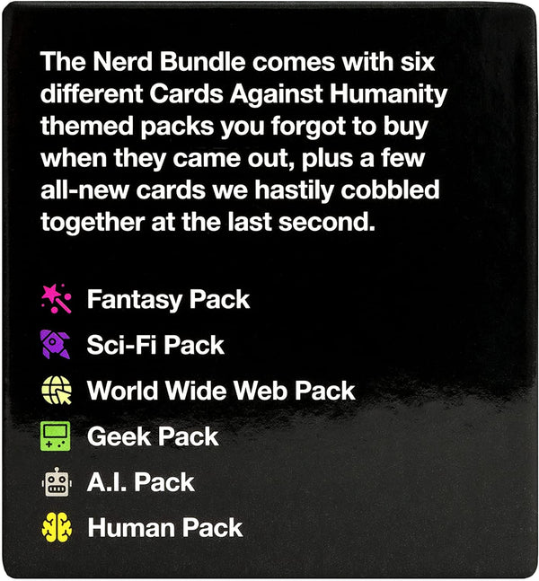 Text description of a 'Nerd Bundle' with themed packs for Cards Against Humanity on a black background.