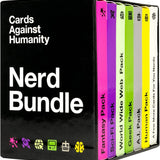 Box of 'Cards Against Humanity Nerd Bundle' with colorful packs on a black background