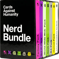 Box of 'Cards Against Humanity Nerd Bundle' with colorful packs on a black background
