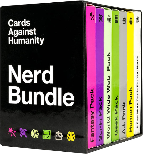 Box of 'Cards Against Humanity Nerd Bundle' with colorful packs on a black background