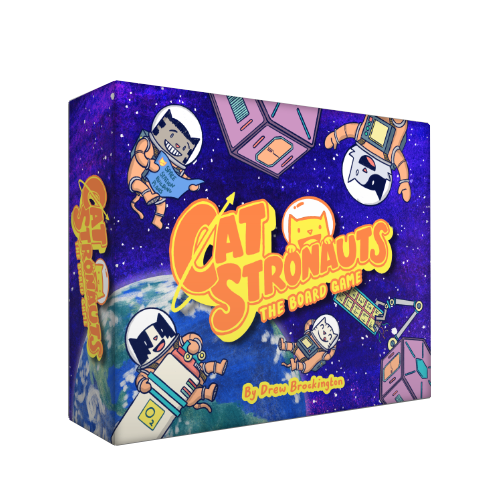 Board game box for 'Cat Stronauts' with colorful graphics on a white background