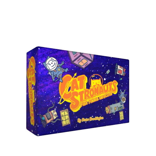 Board game box for 'Cat Stronauts' with colorful graphics on a purple background