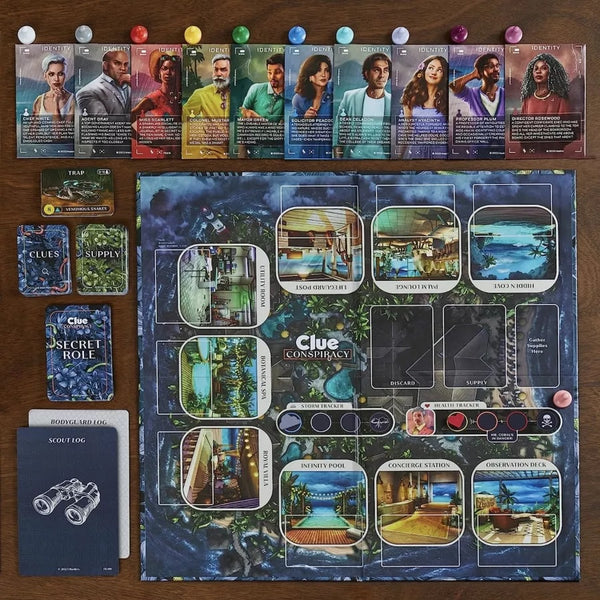 Board game components including cards and a board with 'Clue Conspiracy' branding on a wooden surface.