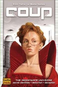 Cover of 'Coup' game with a woman in a red outfit and glasses, set against a cityscape.