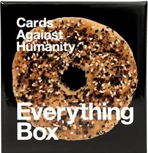 Bagel with 'Cards Against Humanity Everything Box' text on a black background