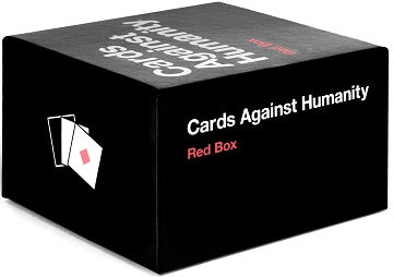 Black box of 'Cards Against Humanity' with red accents on a white background