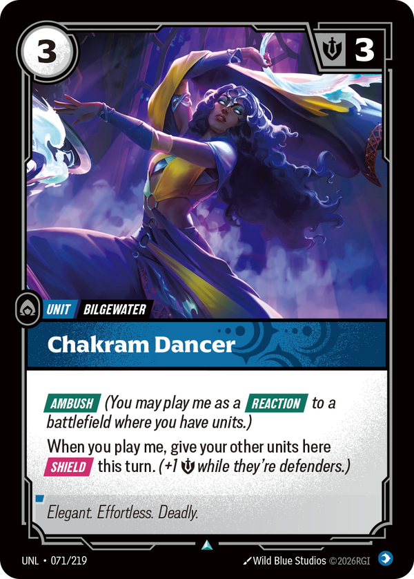 Riftbound Unit: Chakram Dancer. [Ambush] (You may play me as a [Reaction] to a battlefield where you have units.)
When you play me, give your other units here [Shield] this turn. (+1 [S] while they're defenders.)