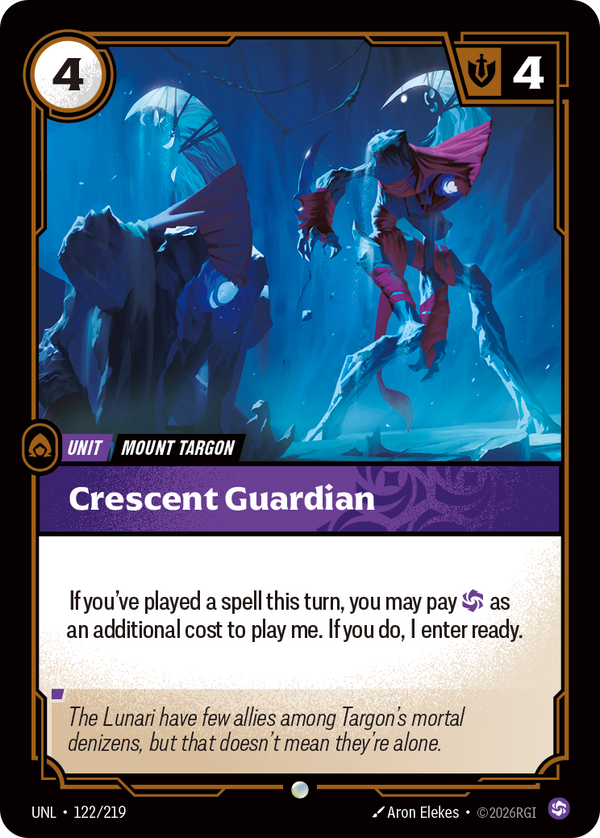 Riftbound Unit: Crescent Guardian. If you've played a spell this turn, you may pay [C] as an additional cost to play me. If you do, I enter ready.