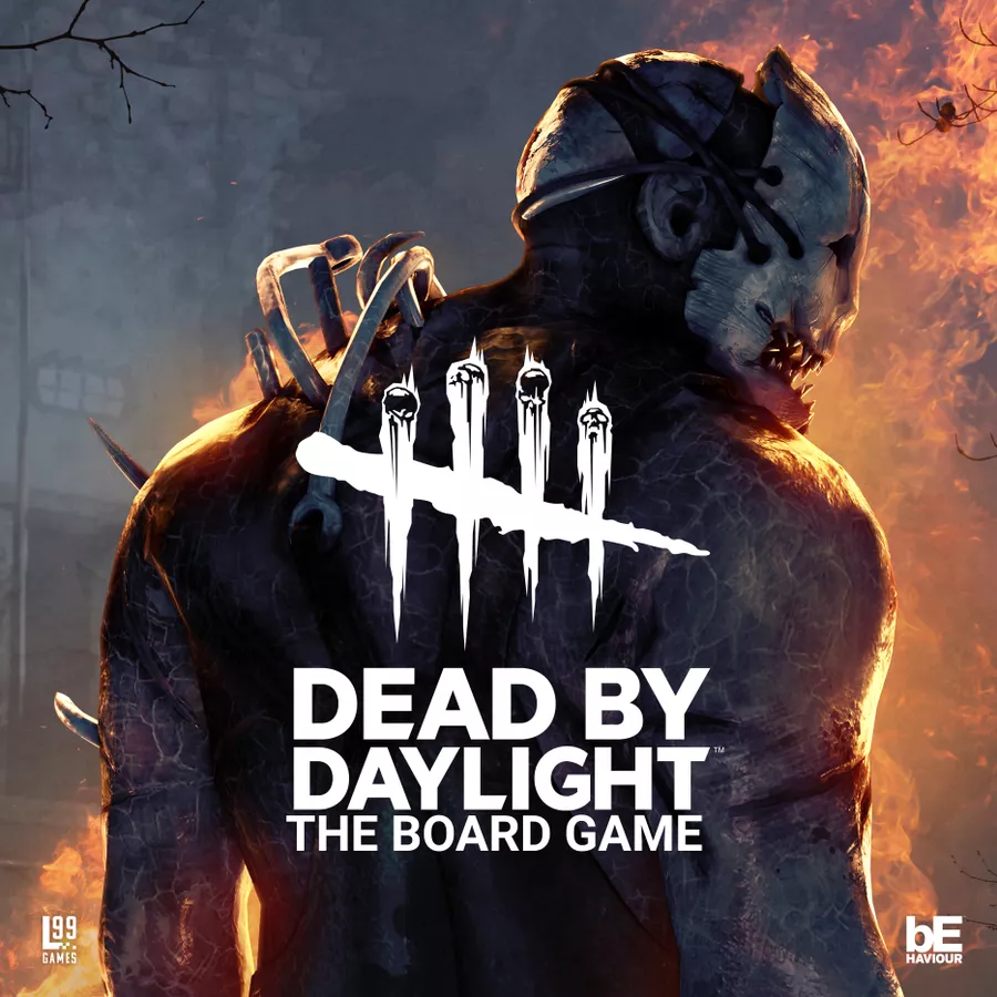 Dead by Daylight board game cover with a character holding a knife against a fiery background