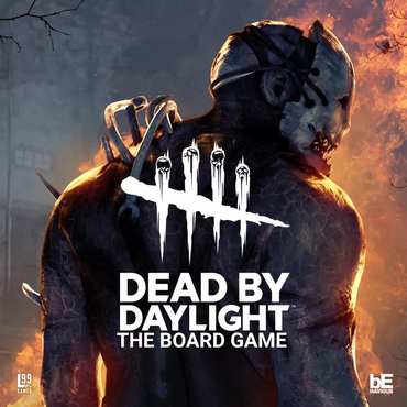 Dead by Daylight board game cover with a character holding a knife against a fiery background