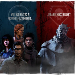 Character portraits with text options for a game choice between a survivor and a ruthless killer.