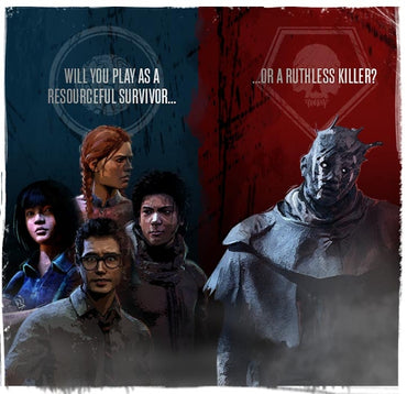 Character portraits with text options for a game choice between a survivor and a ruthless killer.
