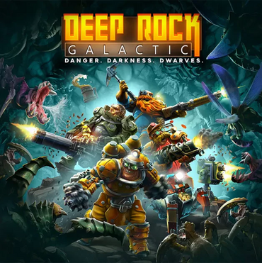 Promotional poster for 'Deep Rock Galactic' with characters in a fantasy setting.