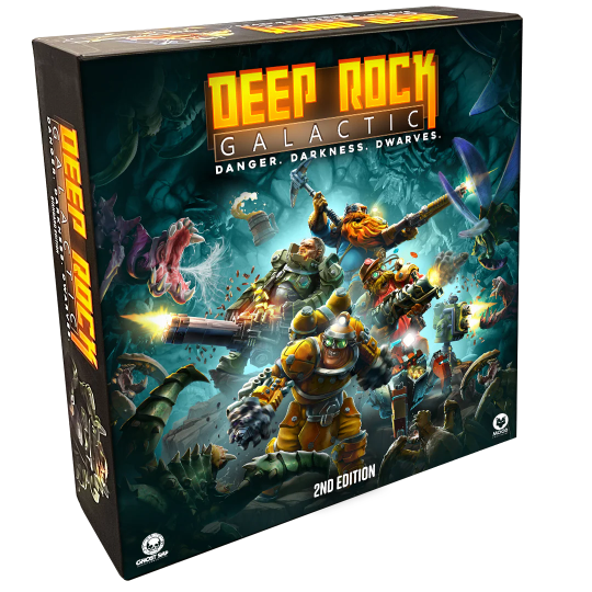 Box of 'Deep Rock Galactic' board game with characters and text on a dark background
