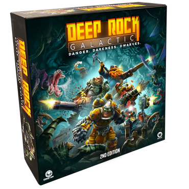 Box of 'Deep Rock Galactic' board game with characters and text on a dark background