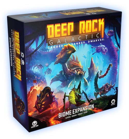 Board game box for 'Deep Rock Galactic' with colorful graphics and text.