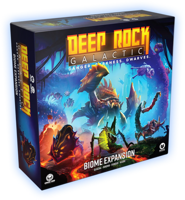 Board game box for 'Deep Rock Galactic' with colorful graphics and text.
