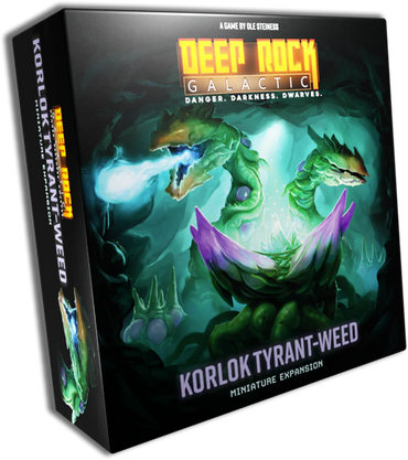 Board game expansion box for 'Deep Rock Galactic' featuring Korlok Tyrant-Weed.