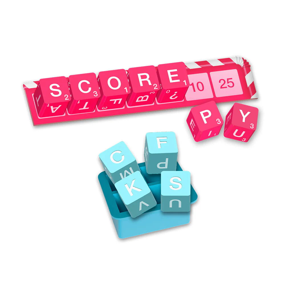 DICE WORDS Pink and blue letter tiles spelling out 'SCORE' and 'HAPPY' on a white background