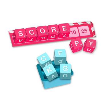 DICE WORDS Pink and blue letter tiles spelling out 'SCORE' and 'HAPPY' on a white background