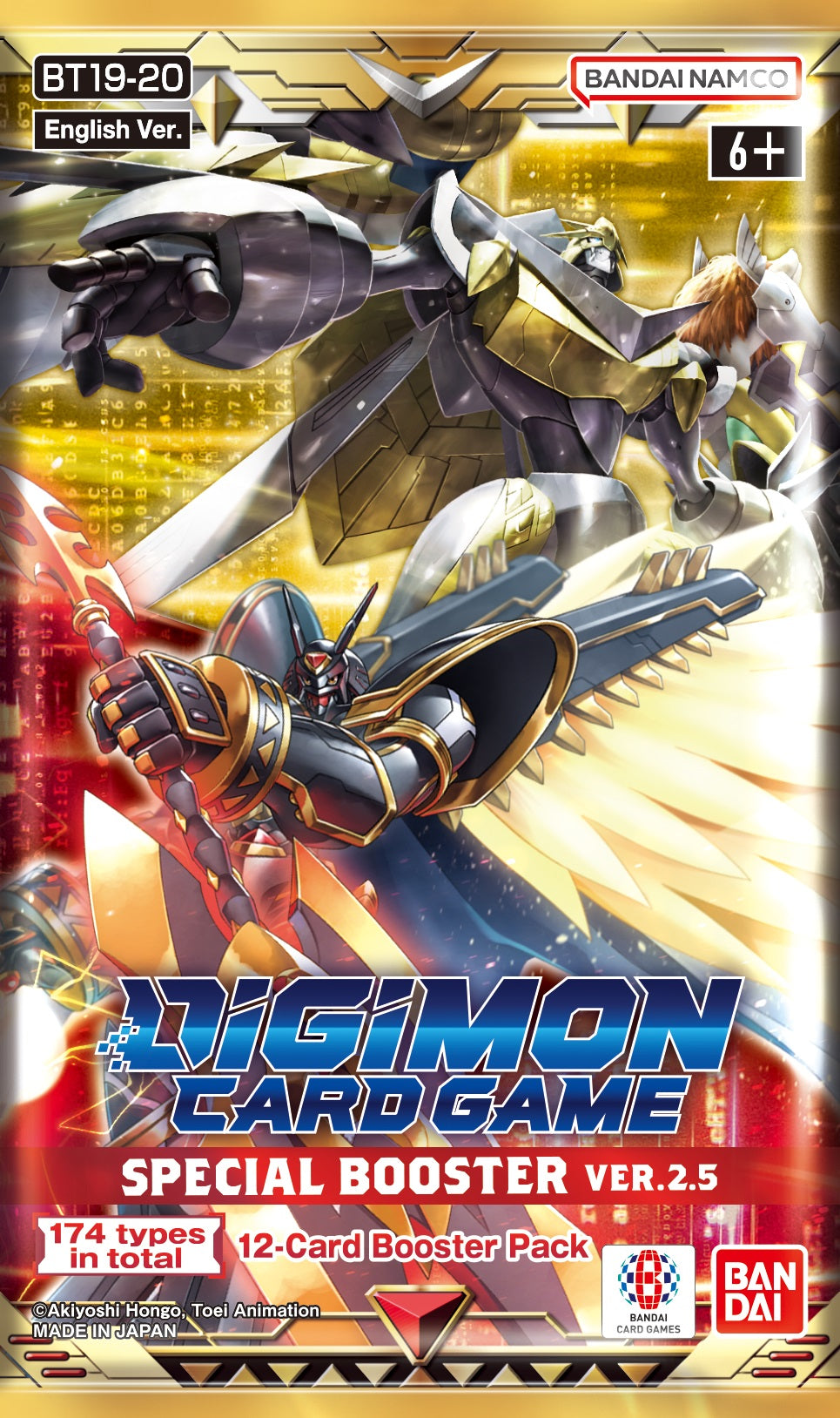 Digimon card game booster pack with robot dinosaur design on a gold and red background