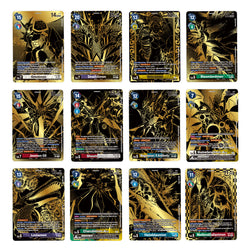 Collection of gold and black themed trading cards on a white background