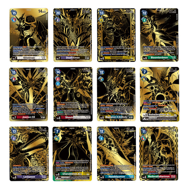 Collection of gold and black themed trading cards on a white background