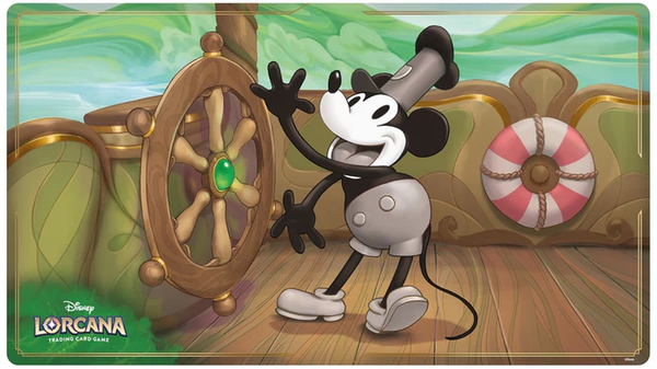 Cartoon character on a ship's deck with a steering wheel and life buoy, featuring the Lorcana logo.