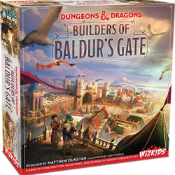 Board game box for 'Builders of Baldur's Gate' by Wizkids with cityscape illustration and character figures.