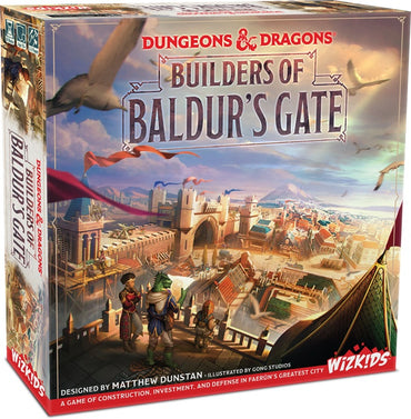 Board game box for 'Builders of Baldur's Gate' by Wizkids with cityscape illustration and character figures.