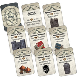 Collection of game cards with various agendas on a white background