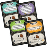 Four game cards with different text and graphics on a white background