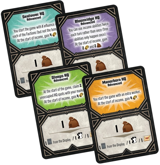 Four game cards with different text and graphics on a white background