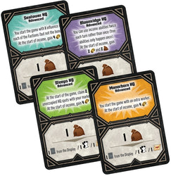 Four game cards with different text and graphics on a white background