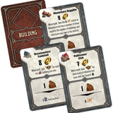 Set of game cards with text and icons on a white background