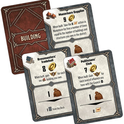 Set of game cards with text and icons on a white background