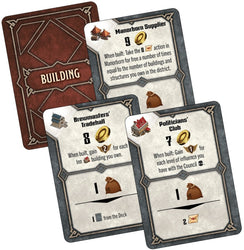 Set of game cards with text and icons on a white background