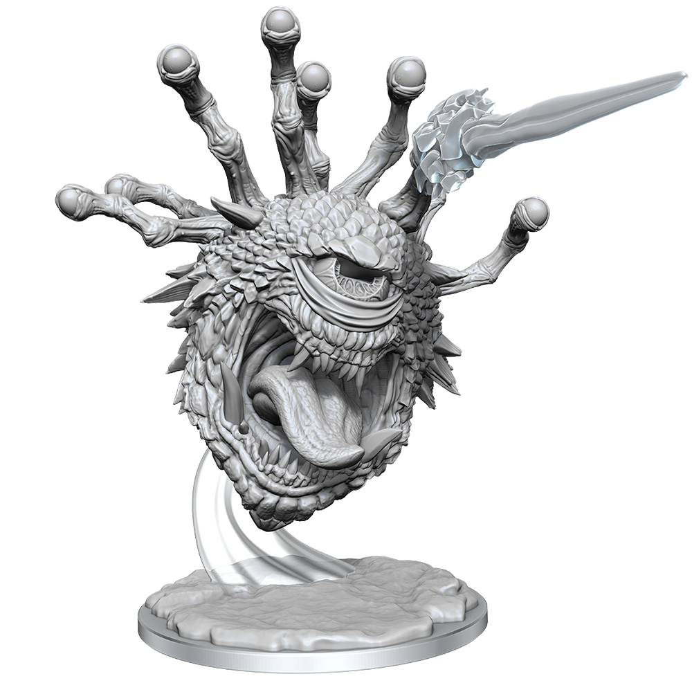 White plastic model of a fantasy creature head with detailed features on a white background